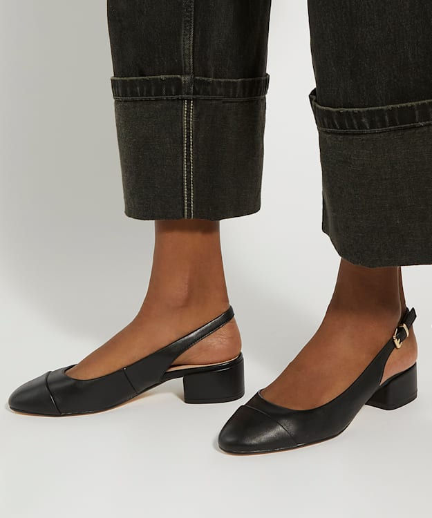 Dune London Casing - Black Leather Toe-Cap Sling-Backs
