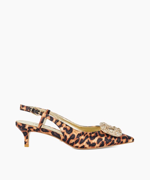 dune london Centrepiece - Leopard Boucle Brooch Detail Kitten Heel Sling-back