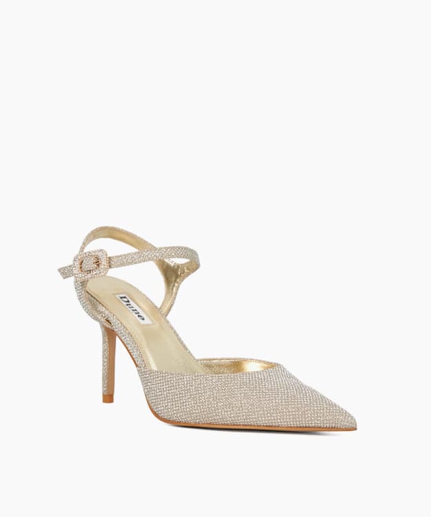 Dune London Channel - Gold Wide Fit Buckle Detail Embellished Heeled Courts