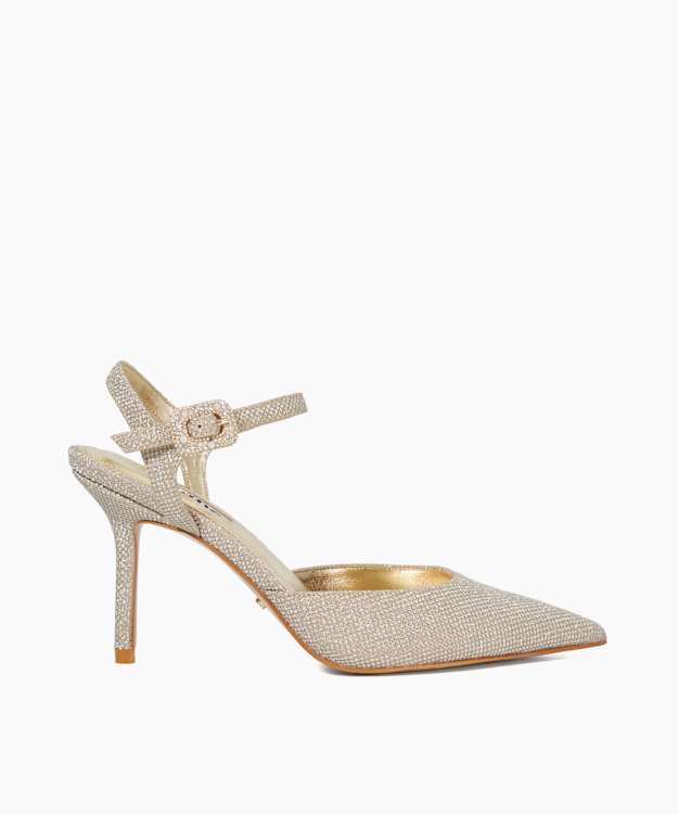 dune london Channel - Gold Wide Fit Buckle Detail Embellished Heeled Courts