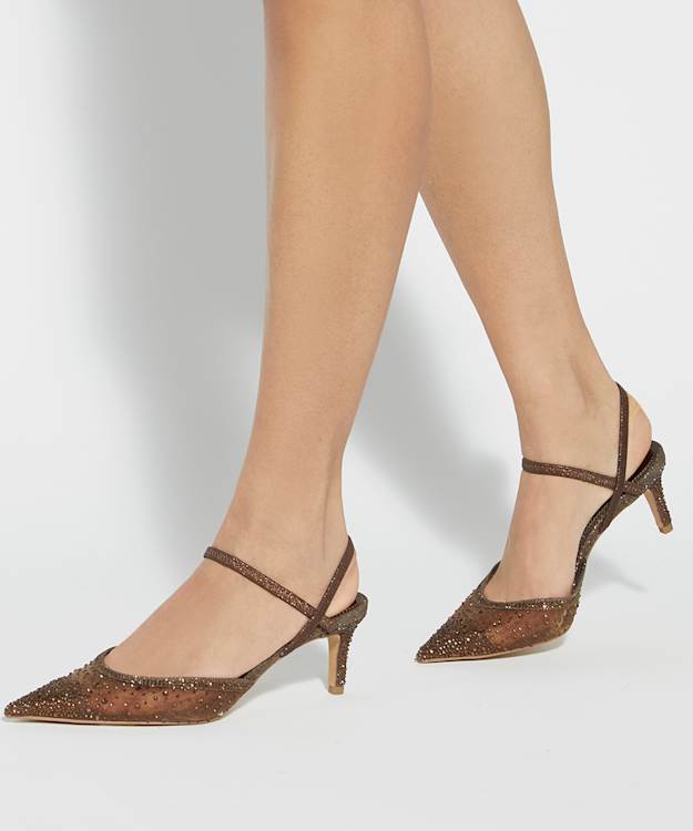 Dune London Charismatic - Brown Wide Fit Mesh Diamante Slingback Shoes