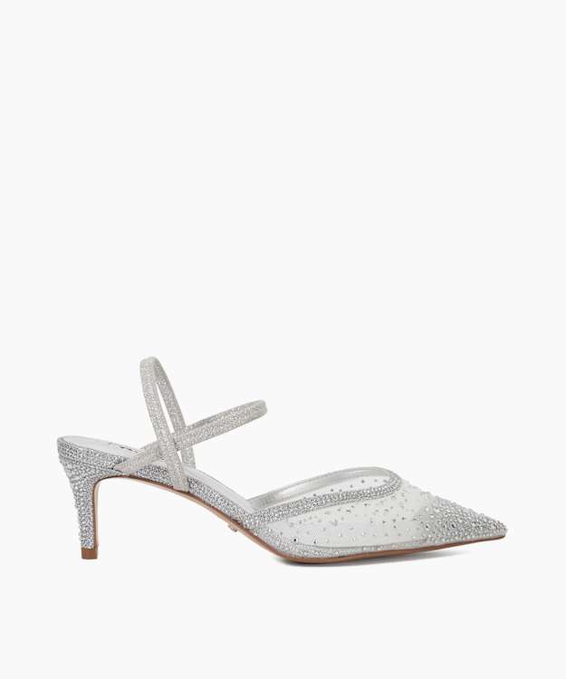 dune london Charismatic - Silver Wide Fit Mesh Diamante Slingback Shoes