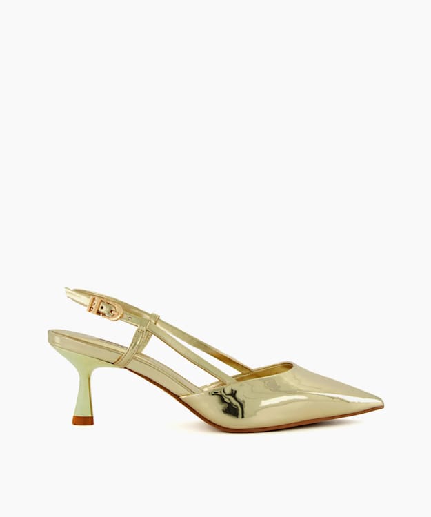 dune london Classify - Gold Flare-Heel Slingback Court Shoes