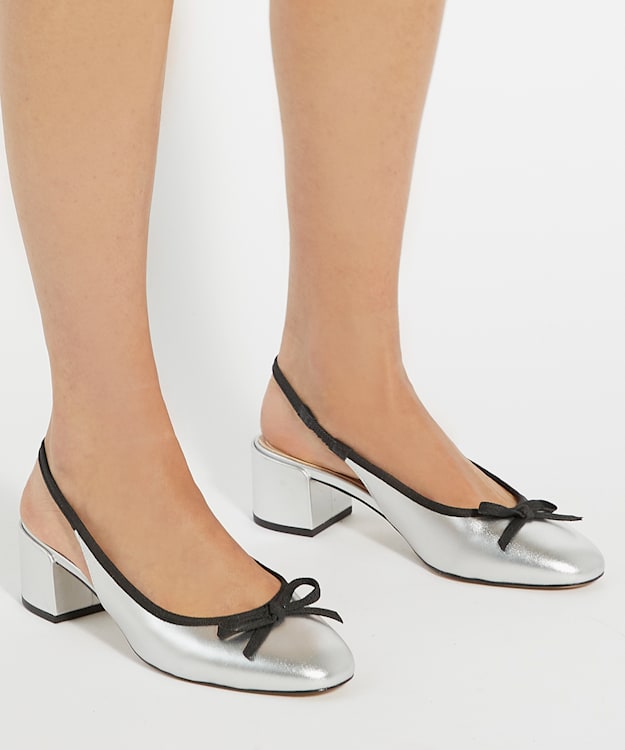 Dune London Classy - Silver Leather Block Heel Sling Back Courts