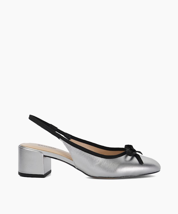 dune london Classy - Silver Leather Block Heel Sling Back Courts