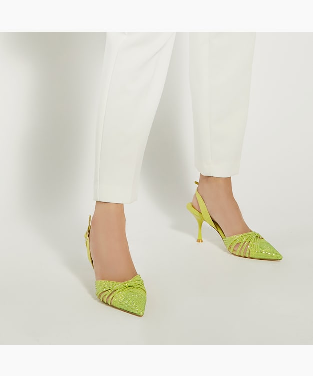 Dune London Cloudia - Lime Diamante-Mesh Slingback Court Shoes