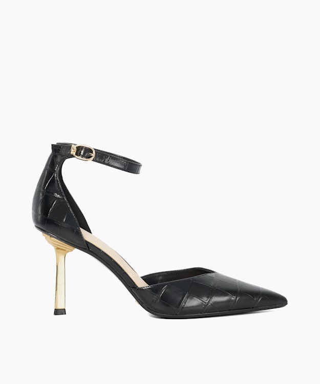 dune london Colly - Black Ankle Strap Emerald Heel Court Shoes