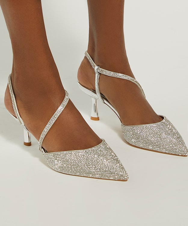 Dune London Competitive - Silver Hotfix Kitten Heel Slingbacks
