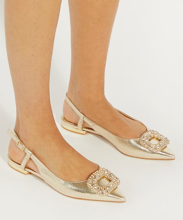 Dune London Confidence - Gold Solitaire Sling Back Flats