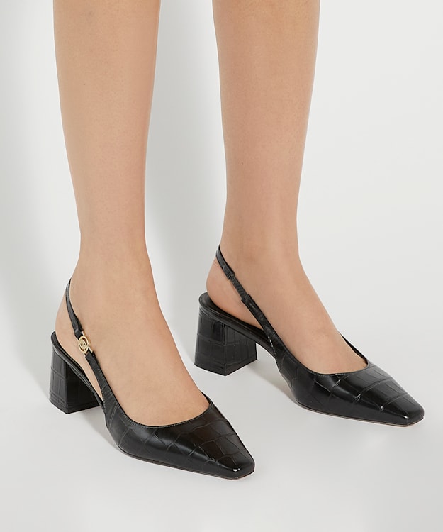 Dune London Contact - Black Chisel Toe Block Heel Slingback Court Shoes