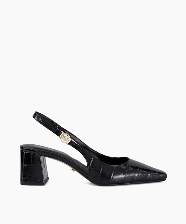 dune london Contact - Black Chisel Toe Block Heel Slingback Court Shoes
