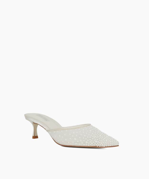 Dune London Cuddling - Ivory Sea Pearl Embellished Kitten Heel Wedding Mules