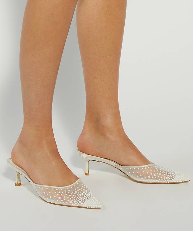 Dune London Cuddling - Ivory Sea Pearl Embellished Kitten Heel Wedding Mules