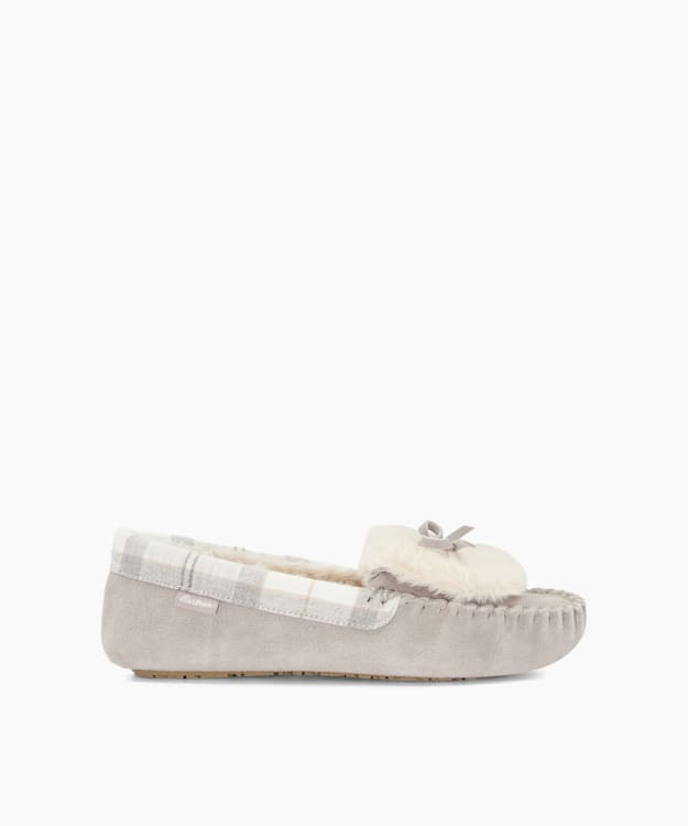 dune london Darcie1 - Grey Tartan-Trim Suede Slippers