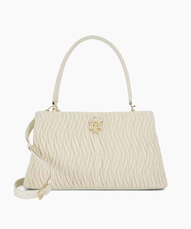 dune london Darla - Ecru Leather Quilted Dune Bug Embellished Shoulder Bag