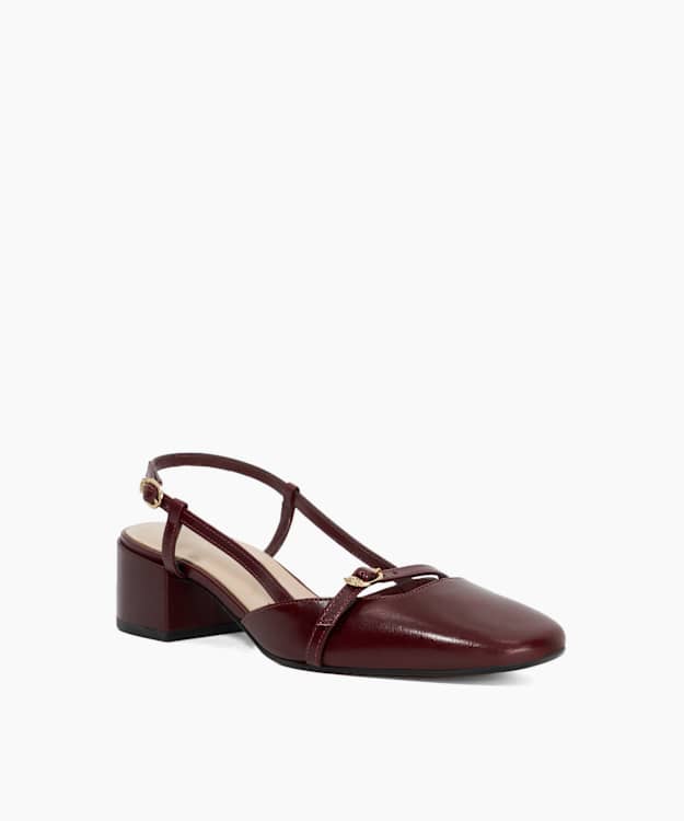 Dune London Definition - Burgundy Block Heel Leather Sling-Back Open Courts