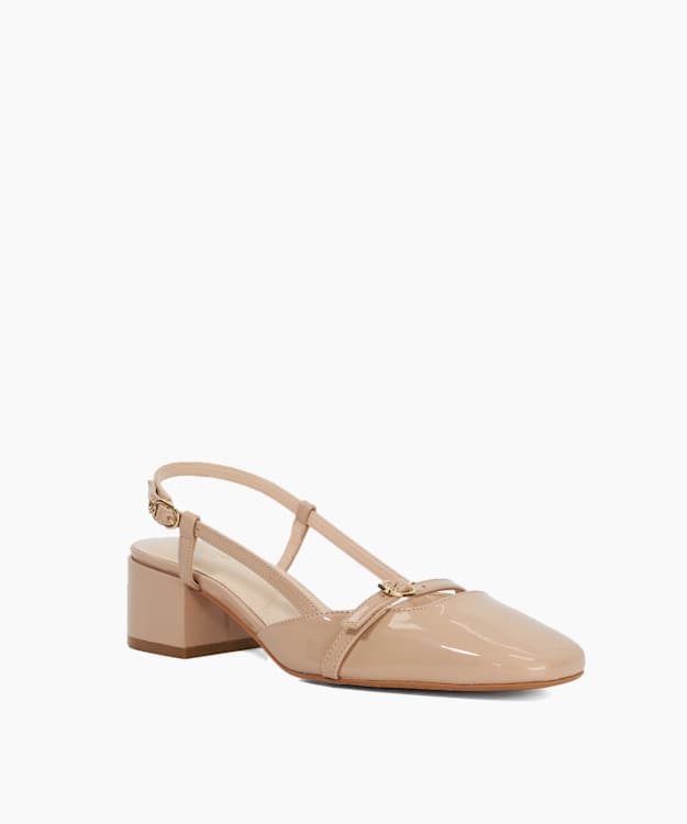 Dune London Definition - Camel Block Heel Leather Sling-Back Open Courts