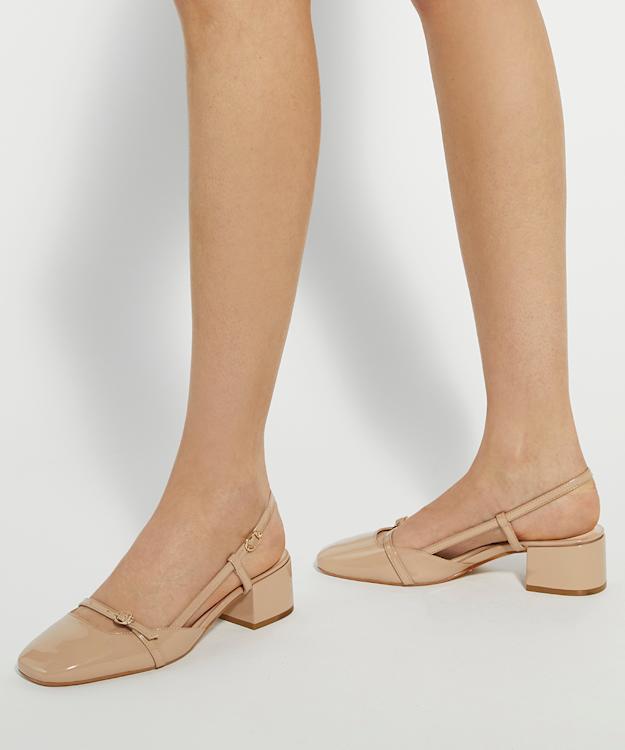 Dune London Definition - Camel Block Heel Leather Sling-Back Open Courts