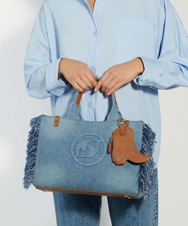 Dune London Desert - Blue Fringed Denim Tote With Charm