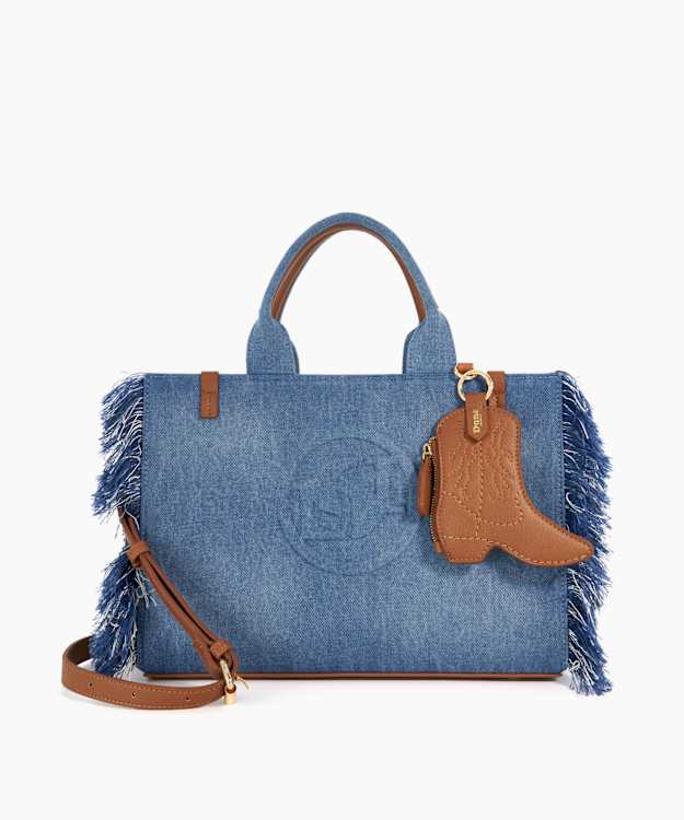 dune london Desert - Blue Fringed Denim Tote With Charm