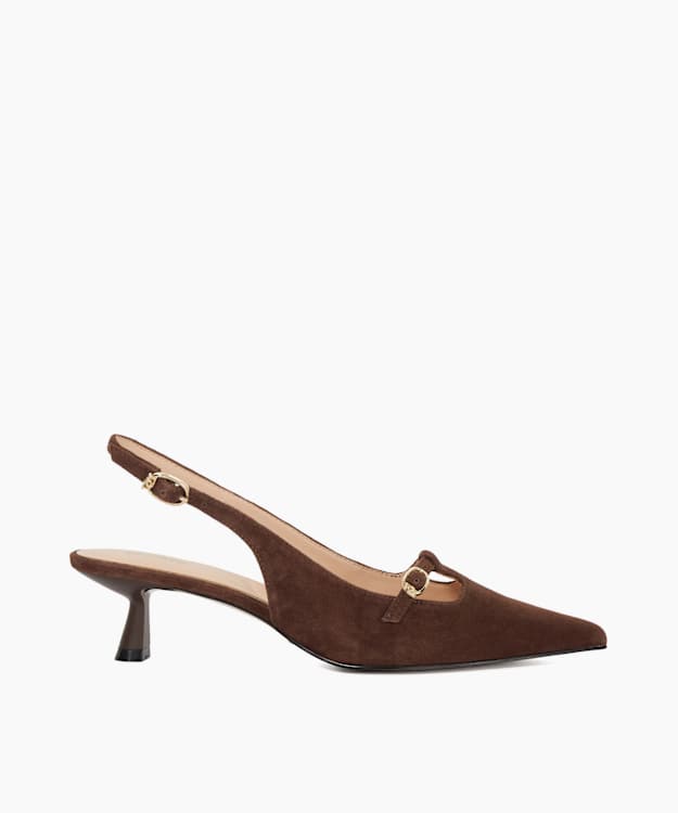 dune london Deserving - Brown Pointed Toe Slingback Kitten Heels
