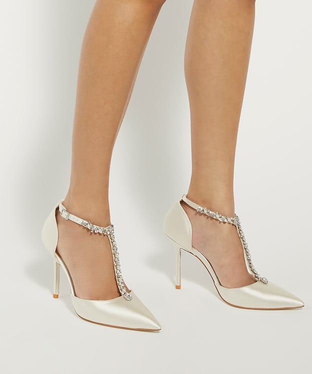 Dune London Devotional - Ivory Diamante Embellished T-Bar Wedding Shoes