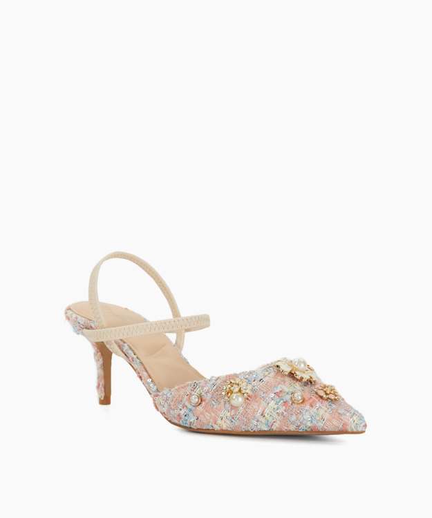 Dune London Diana - Pink Boucle Embellished Open Kitten Heel Court