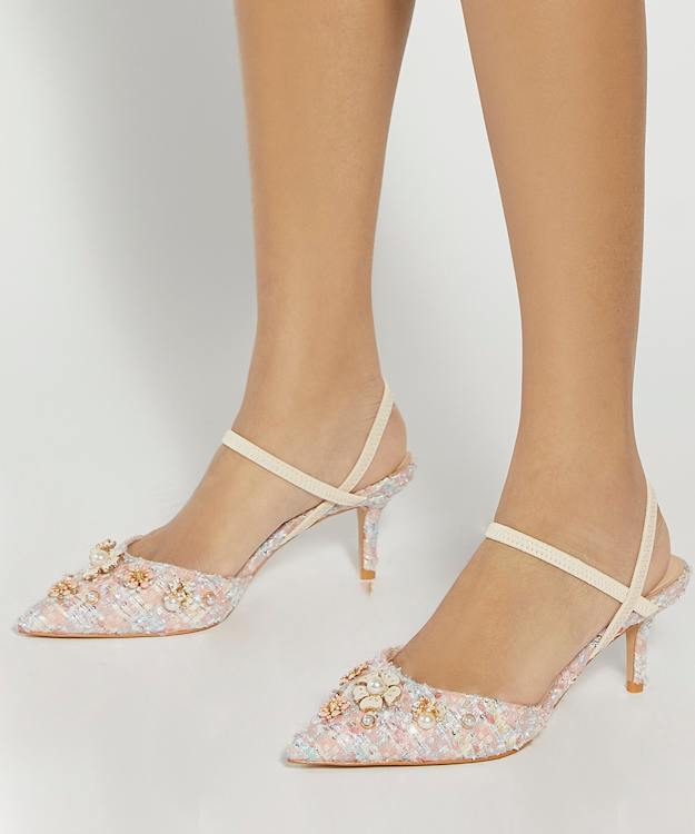 Dune London Diana - Pink Boucle Embellished Open Kitten Heel Court