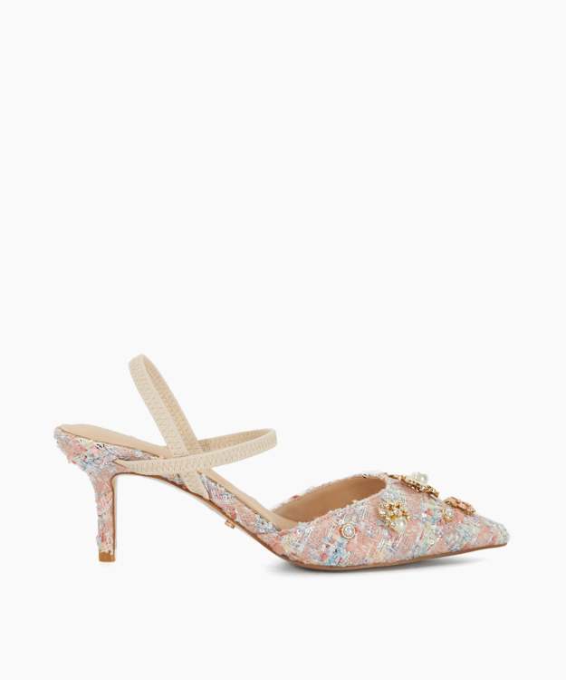 dune london Diana - Pink Boucle Embellished Open Kitten Heel Court