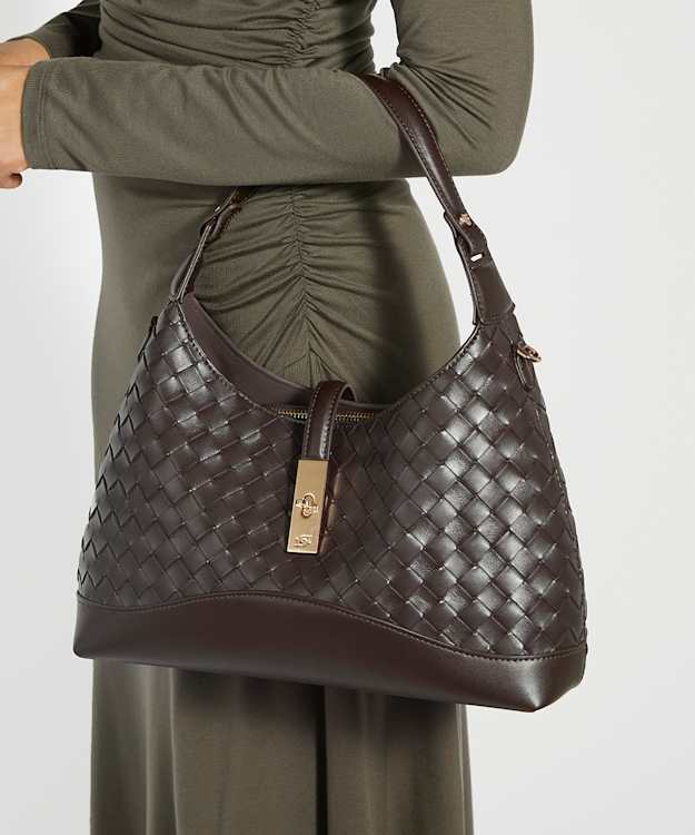 Dune London Dorset - Dark Brown Woven Turn Lock Shoulder Bag