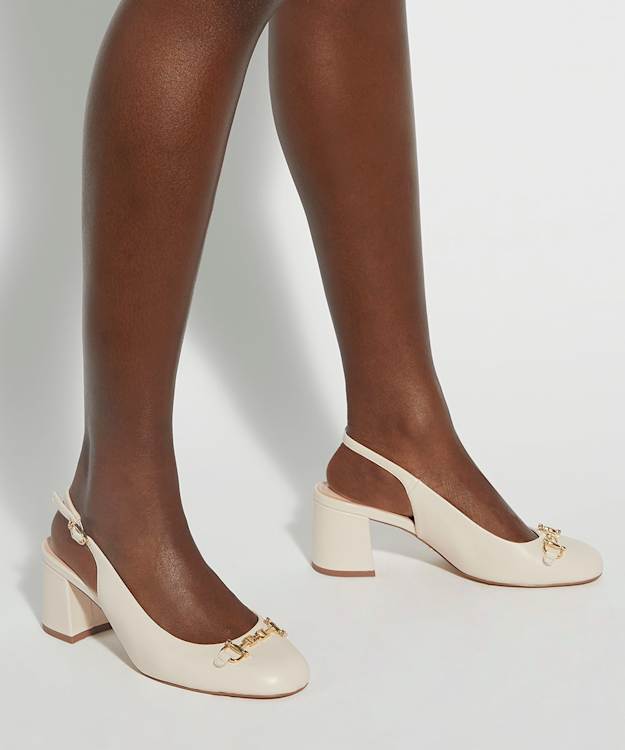 Dune London Dreaming - Ecru Block Heel Slingback Shoes