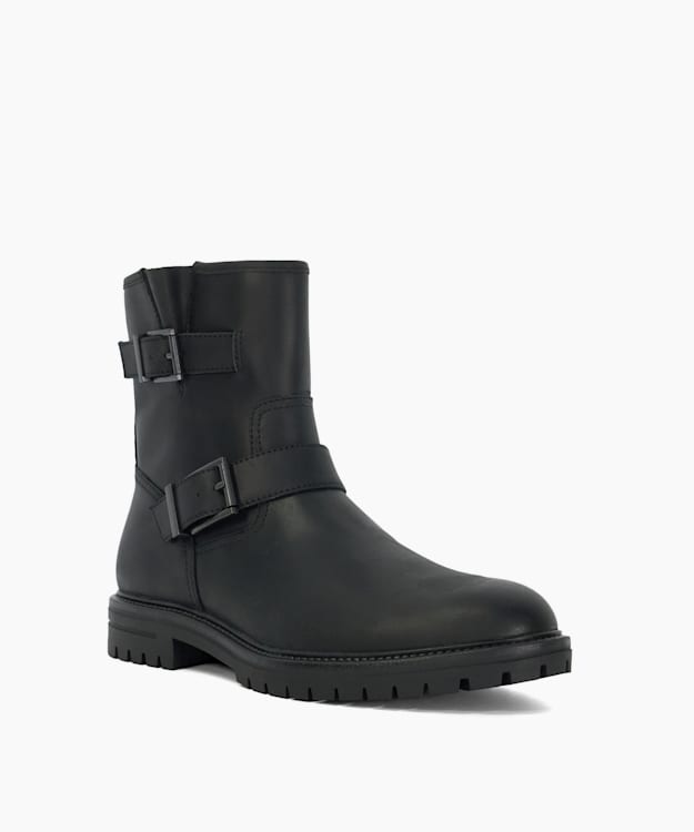 Dune London Calvin - Black Chunky Buckle Biker Boots