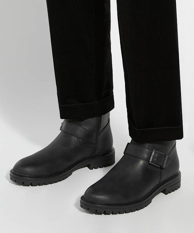 Dune London Calvin - Black Chunky Buckle Biker Boots