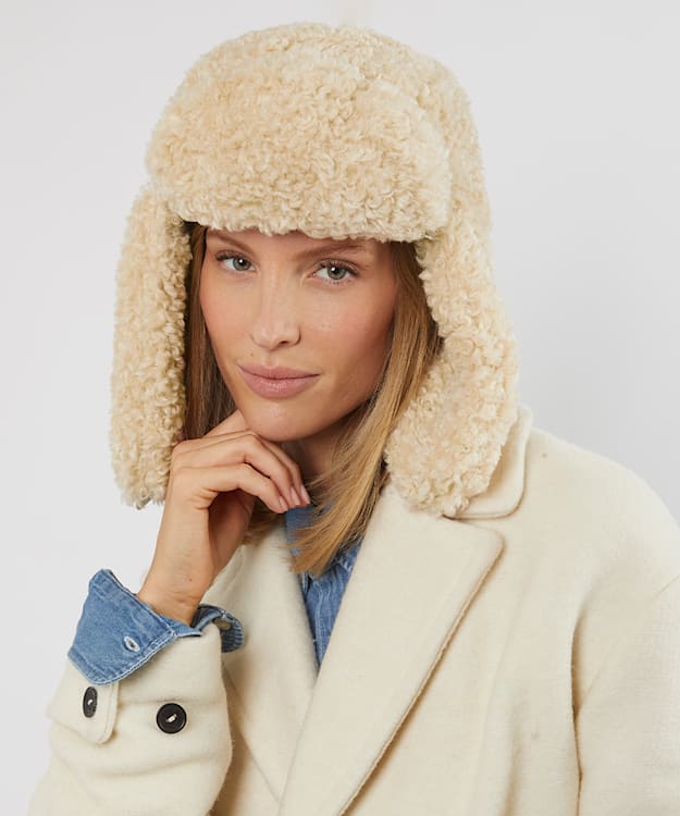 Dune London Fuzzy - Cream Faux Shearling Trapper Hat