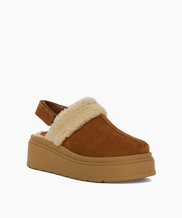 Dune London Game - Tan Suede Faux Fur Mules
