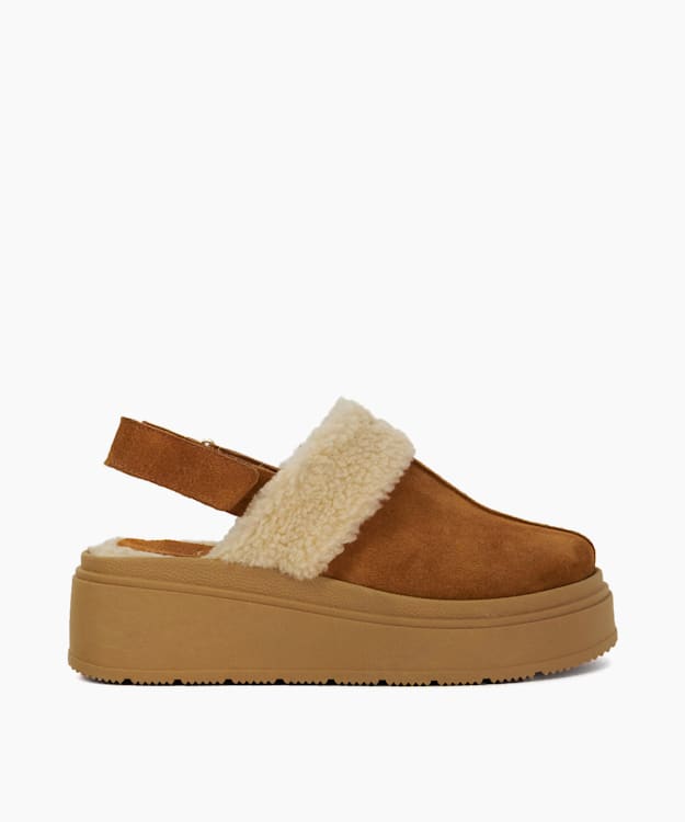 dune london Game - Tan Suede Faux Fur Mules