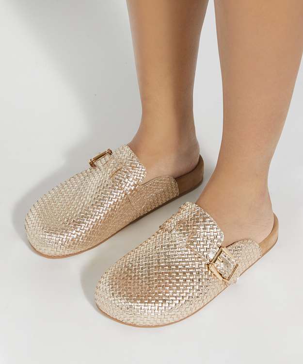 Dune London Glaized - Gold Woven Leather Clogs