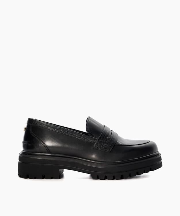 dune london Gliding - Black Leather Penny Loafer