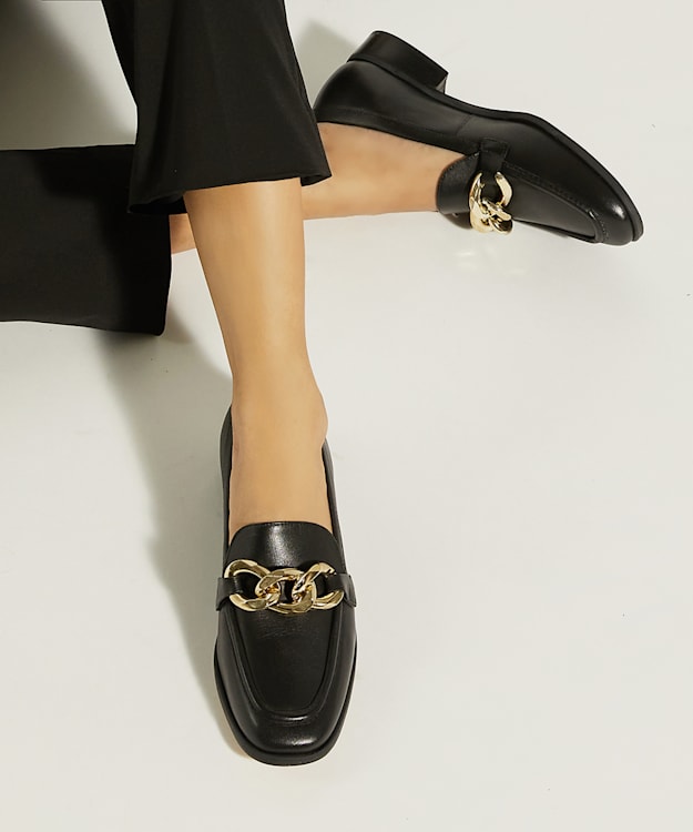 Dune London Glimpse - Black Chain-Trim Loafers
