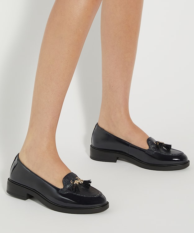 Dune London Grape - Navy Patent Tassel Loafers