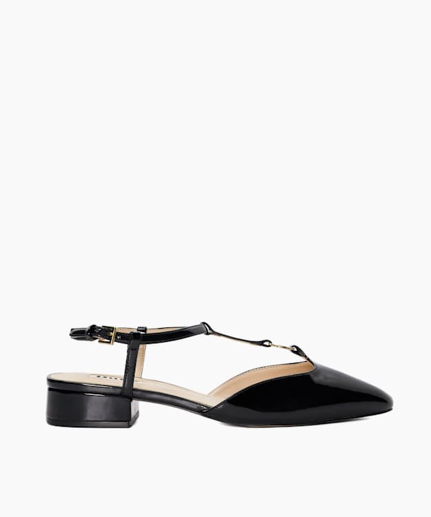 dune london Heya - Black Patent T-Bar Open Courts