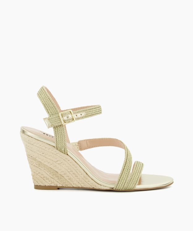 dune london Kaia - Gold Strappy Woven-Wedge Sandals