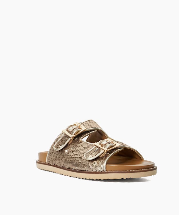 Dune London Lequin - Gold Two Strap Sequin Sandals