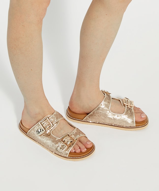 Dune London Lequin - Gold Two Strap Sequin Sandals