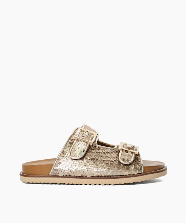 dune london Lequin - Gold Two Strap Sequin Sandals