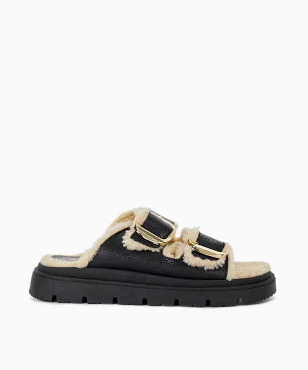 dune london Lodge - Black Cosy Lined Two Bar Mules