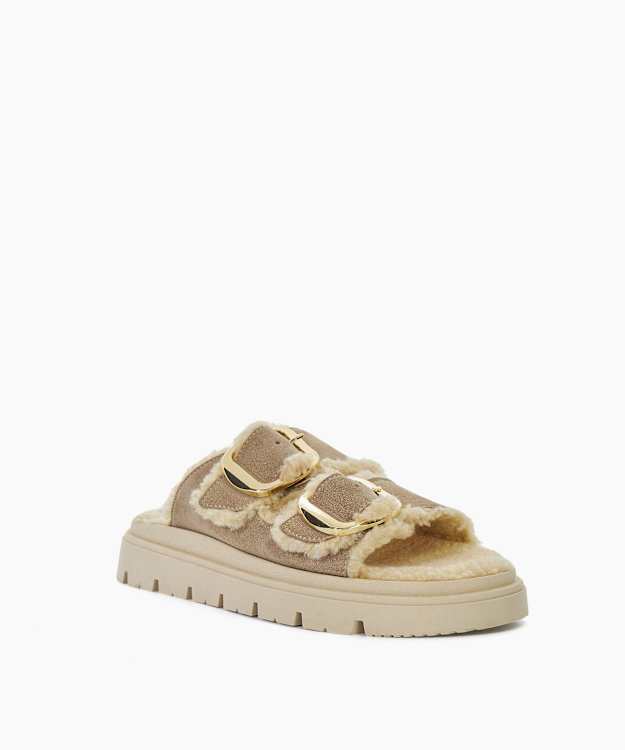 Dune London Lodge - Sand Cosy Lined Two Bar Mules