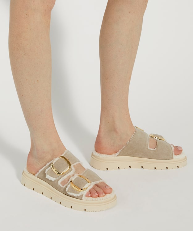Dune London Lodge - Sand Cosy Lined Two Bar Mules