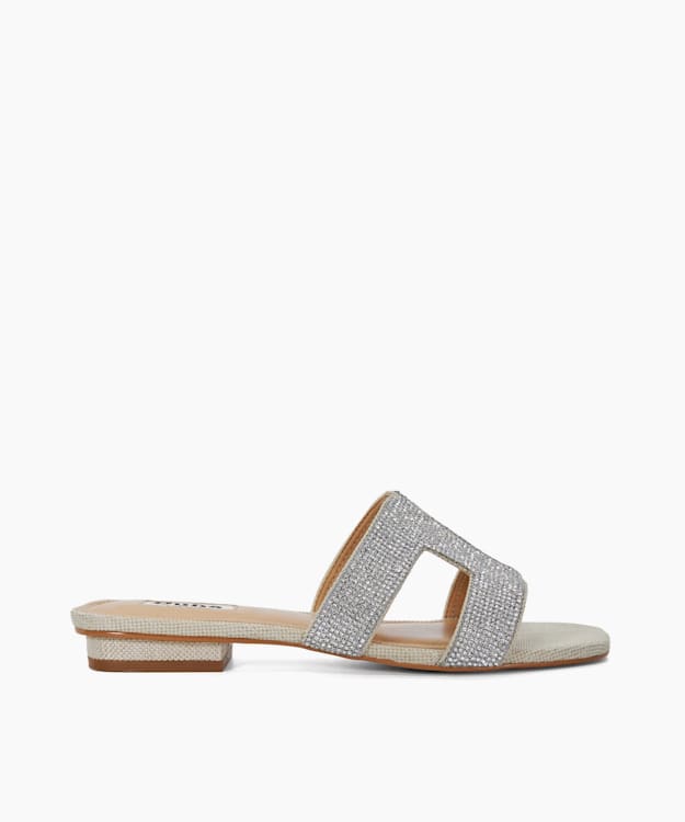 dune london Loupe - Silver Diamante Flat Sliders