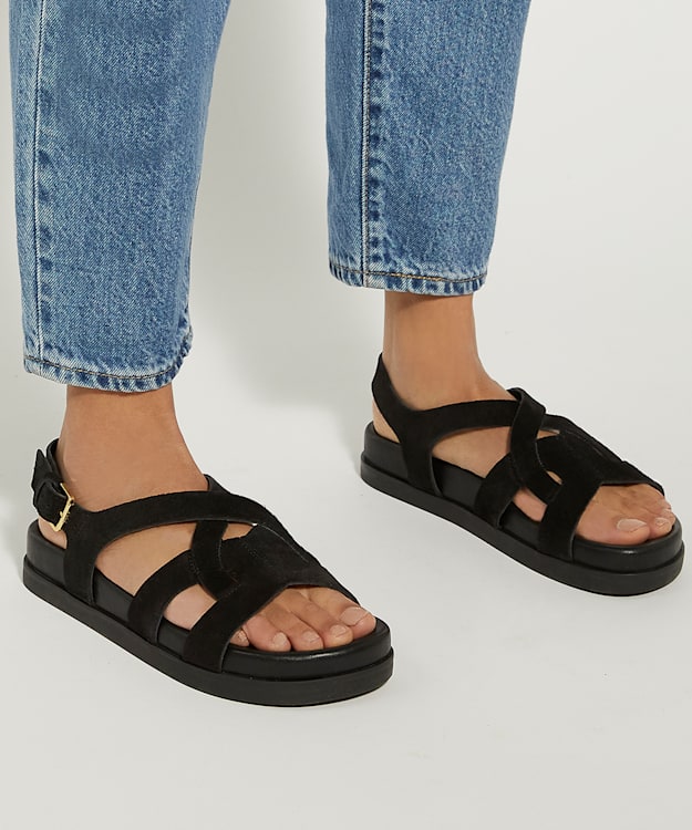 Dune London Loupin - Black Flat Suede Sandals